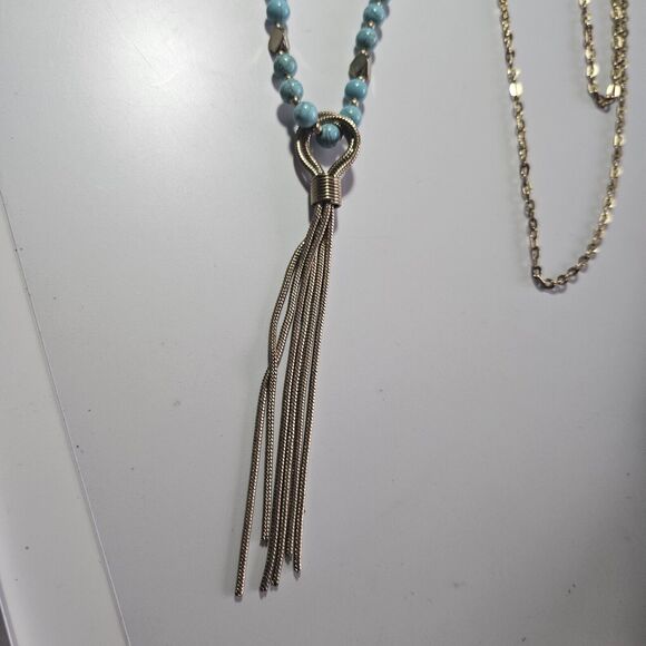 Gold Tone Long Necklace With Turquoise And Tassel Pendant 40 To 43" - Picture 12 of 13